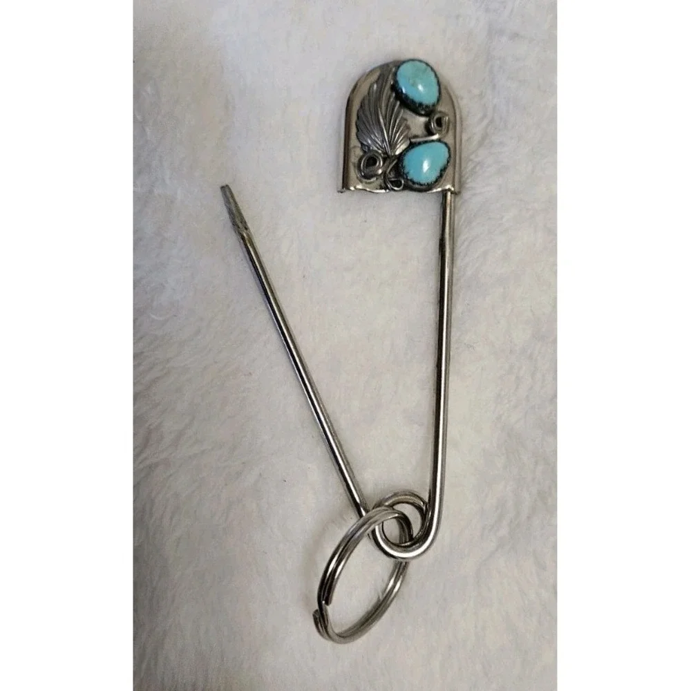 Vtg Turquoise Large Safety Pin Keychain Native American Style 3 Inch